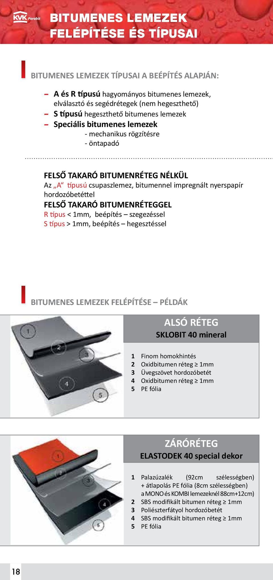 TAKARÓ BITUMENRÉTEGGEL R típus < 1mm, beépítés szegezéssel S típus > 1mm, beépítés hegesztéssel BITUMENES LEMEZEK FELÉPÍTÉSE PÉLDÁK ALSÓ RÉTEG SKLOBIT 40 mineral 1 Finom homokhintés 2 Oxidbitumen