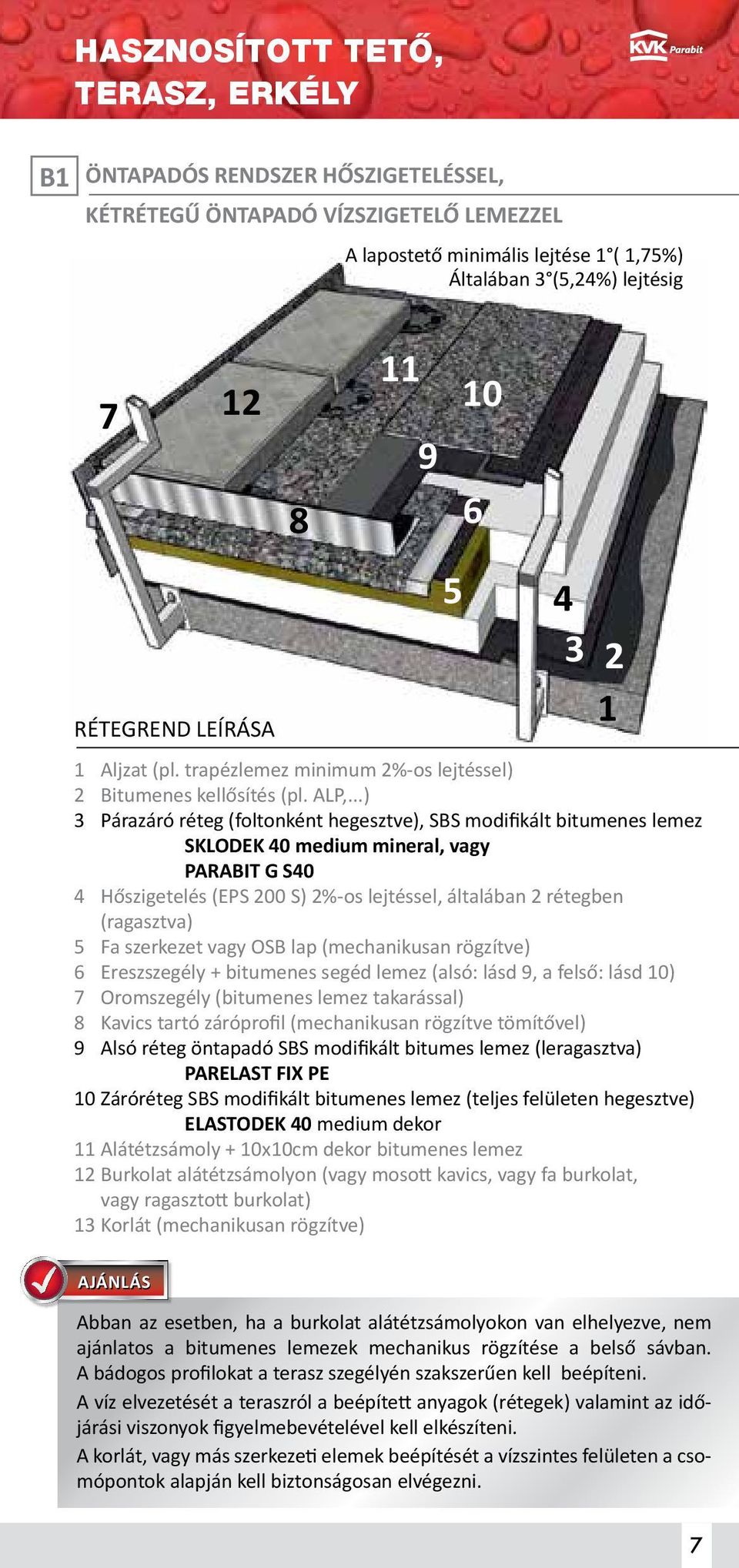 ..) 3 Párazáró réteg (foltonként hegesztve), SBS modifikált bitumenes lemez SKLODEK 40 medium mineral, vagy PARABIT G S40 4 Hőszigetelés (EPS 200 S) 2%-os lejtéssel, általában 2 rétegben (ragasztva)