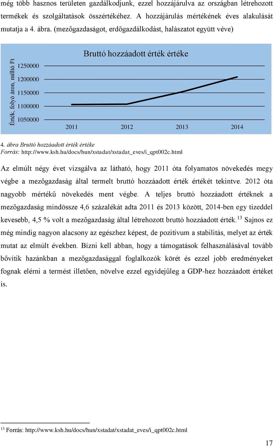 (mezőgazdaságot, erdőgazdálkodást, halászatot együtt véve) 1250000 Bruttó hozzáadott érték értéke 1200000 1150000 1100000 1050000 2011 2012 2013 2014 4.