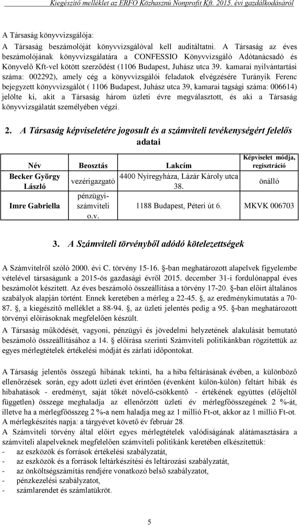 kamarai nyilvántartási száma: 002292), amely cég a könyvvizsgálói feladatok elvégzésére Turányik Ferenc bejegyzett könyvvizsgálót ( 1106 Budapest, Juhász utca 39, kamarai tagsági száma: 006614)