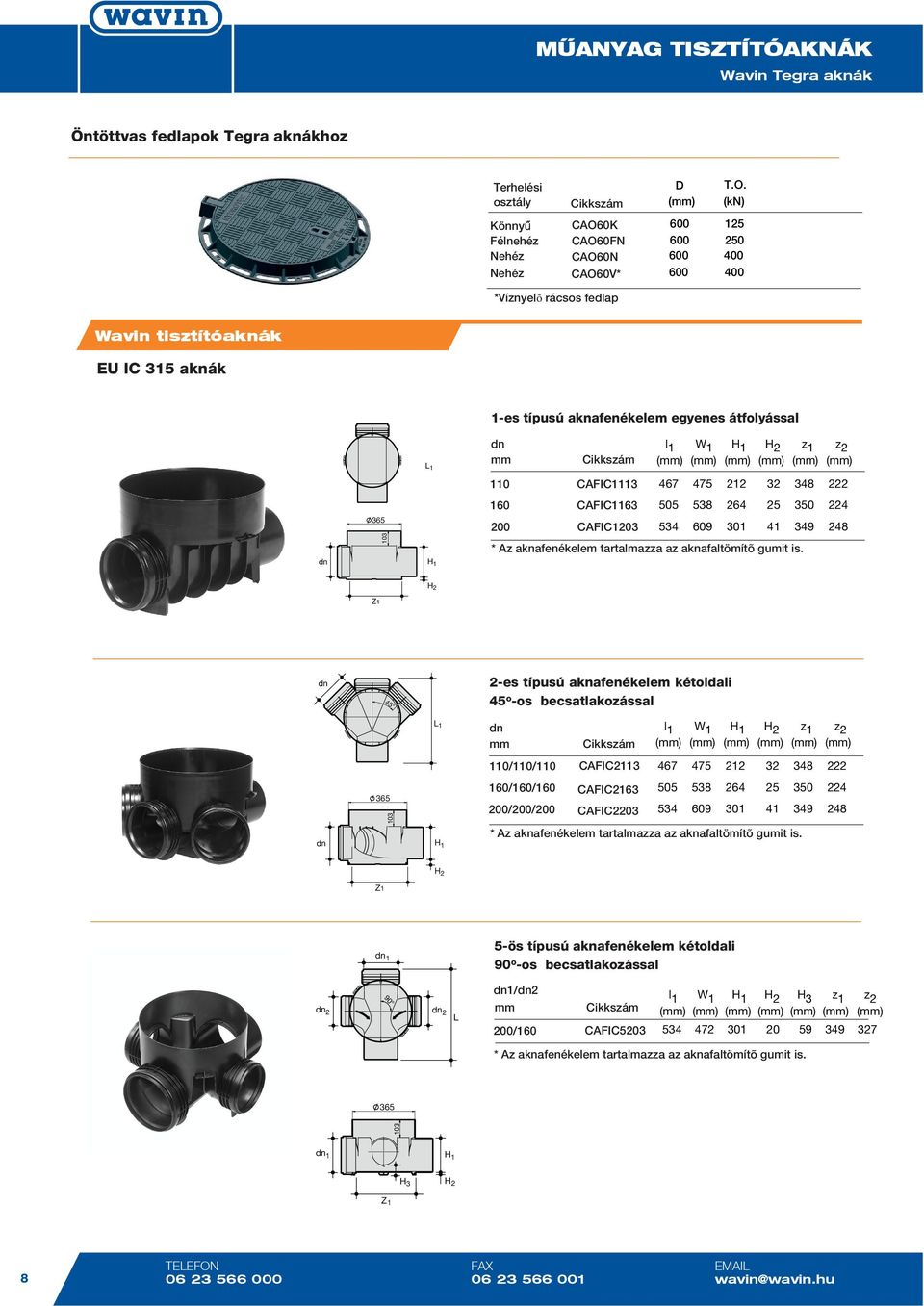 dn l 1 W 1 1 2 z 1 z 2 110 CAFIC1113 467 475 212 32 348 222 dn 365 103 1 160 CAFIC1163 200 CAFIC1203 505 538 264 25 350 224 534 609 301 41 349 248 2 1 dn 45 2-es típusú aknafenékelem kétoldali 45 o