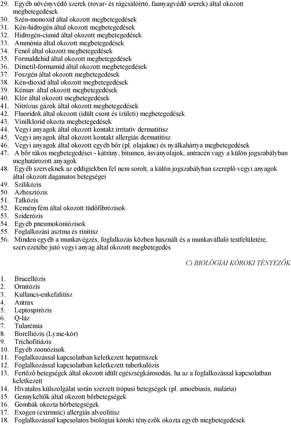 Dimetil-formamid által okozott megbetegedések 37. Foszgén által okozott megbetegedések 38. Kén-dioxid által okozott megbetegedések 39. Kénsav által okozott megbetegedések 40.