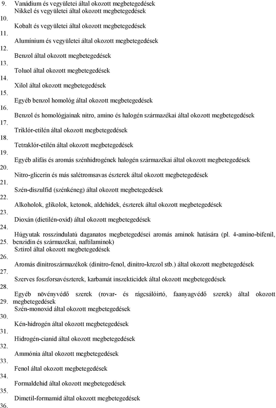 megbetegedések Benzol által okozott megbetegedések Toluol által okozott megbetegedések Xilol által okozott megbetegedések Egyéb benzol homológ által okozott megbetegedések Benzol és homológjainak