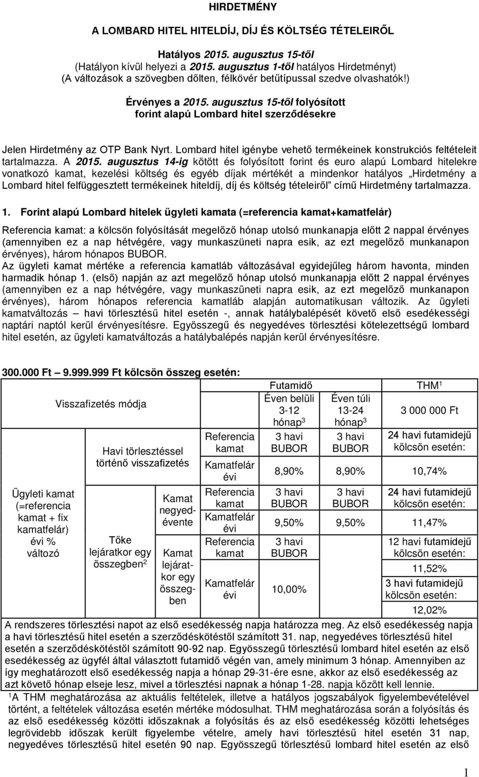 augusztus 15-től folyósított forint alapú Lombard hitel szerződésekre Jelen Hirdetmény az OTP Bank Nyrt. Lombard hitel igénybe vehető termékeinek konstrukciós feltételeit tartalmazza. A 2015.