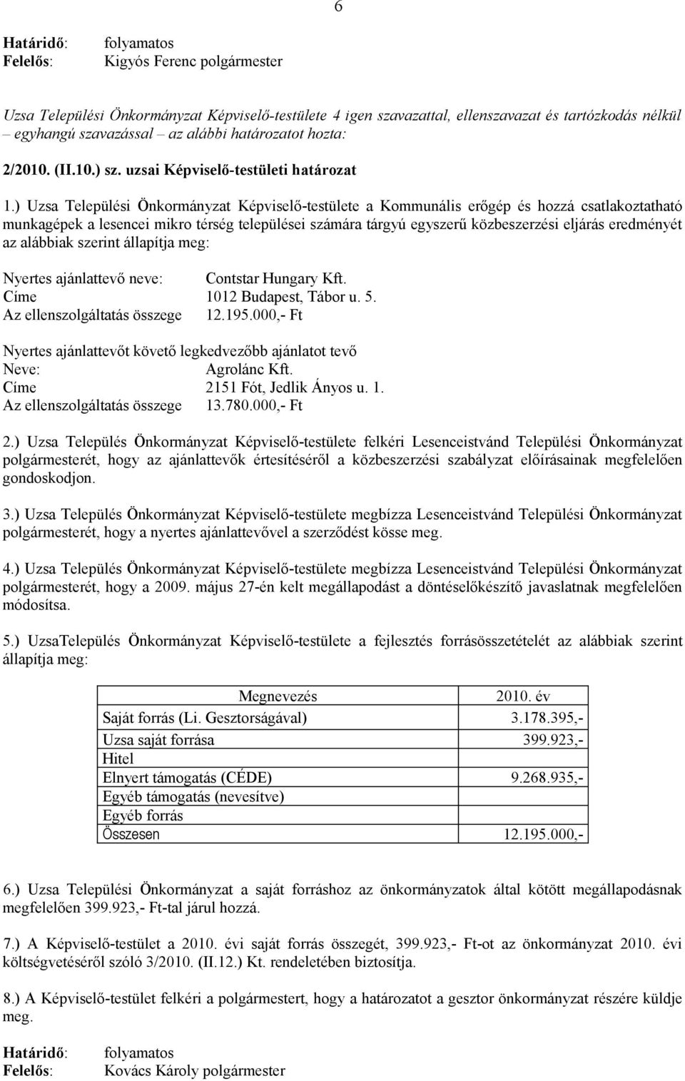 ) Uzsa Települési Önkormányzat Képviselő-testülete a Kommunális erőgép és hozzá csatlakoztatható munkagépek a lesencei mikro térség települései számára tárgyú egyszerű közbeszerzési eljárás