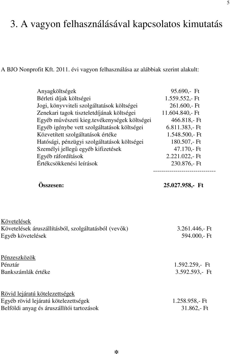 818,- Ft Egyéb igénybe vett szolgáltatások költségei 6.811.383,- Ft Közvetített szolgáltatások értéke 1.548.500,- Ft Hatósági, pénzügyi szolgáltatások költségei 180.