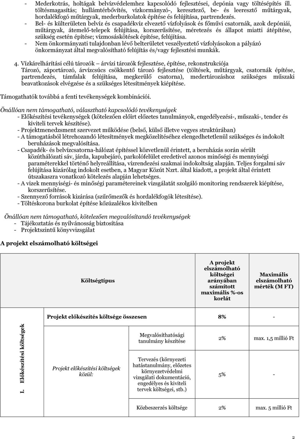 - Bel- és külterületen belvíz és csapadékvíz elvezető vízfolyások és főművi csatornák, azok depóniái, műtárgyak, átemelő-telepek felújítása, korszerűsítése, méretezés és állapot miatti átépítése,