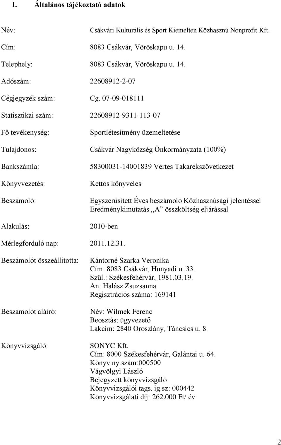 58300031-14001839 Vértes Takarékszövetkezet Kettős könyvelés Egyszerűsített Éves beszámoló Közhasznúsági jelentéssel Eredménykimutatás A összköltség eljárással 2010-ben Mérlegforduló nap: 2011.12.31. Beszámolót összeállította: Beszámolót aláíró: Könyvvizsgáló: Kántorné Szarka Veronika Cím: 8083 Csákvár, Hunyadi u.