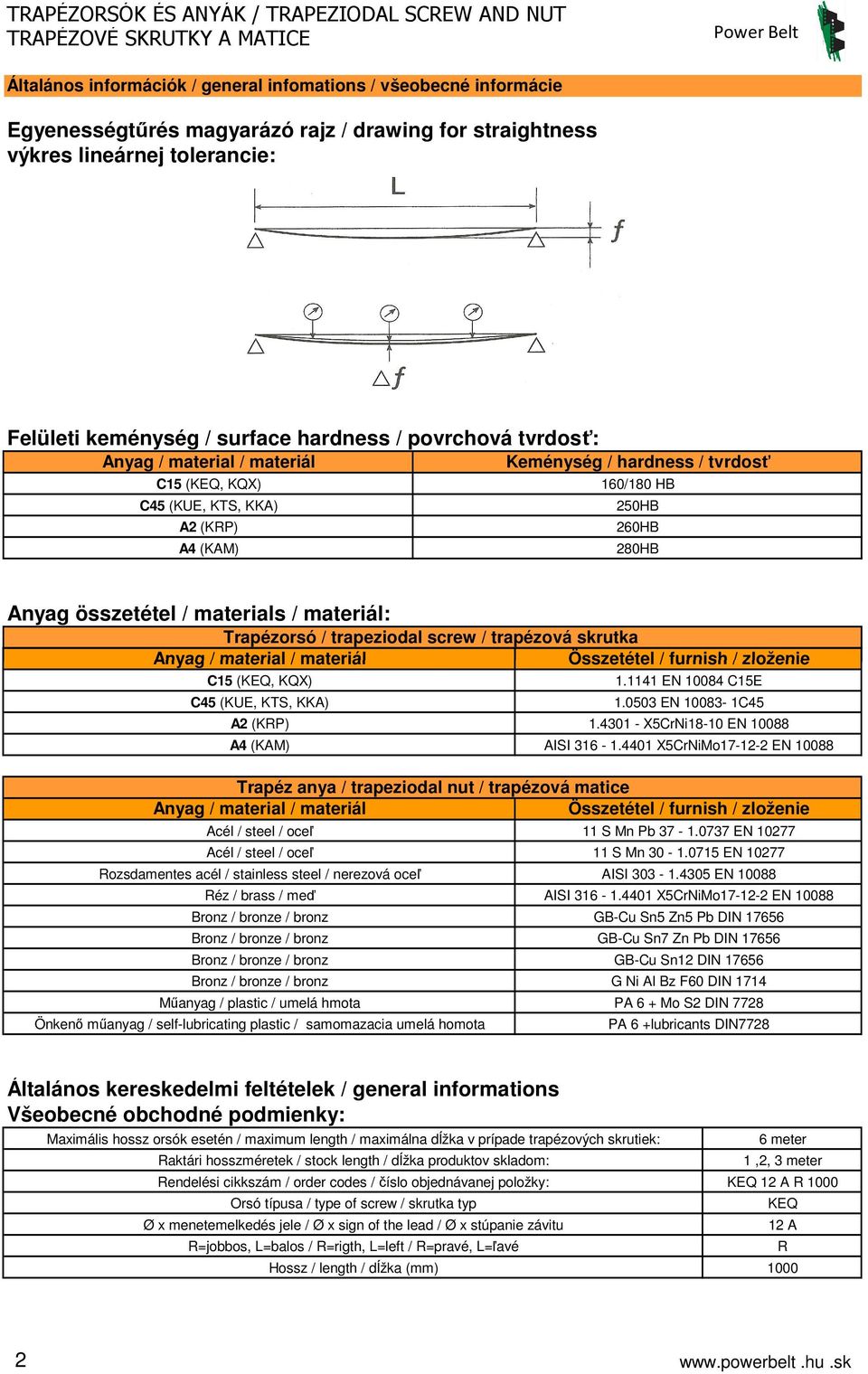 Trapézorsó / trapezioal screw / trapézová skrutka Anyag / material / materiál Összetétel / furnish / zloženie C5 (KEQ, KQX).4 EN 0084 C5E C45 (KUE, KTS, KKA).0503 EN 0083- C45 A (KRP).