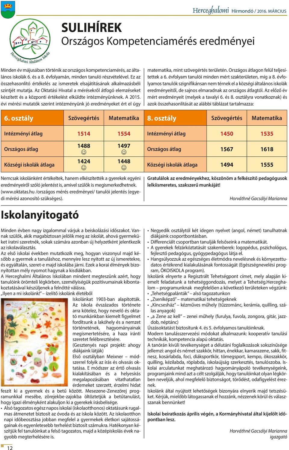 Az Oktatási Hivatal a mérésekről átfogó elemzéseket készített és a központi értékelést elküldte intézményünknek. A 2015.