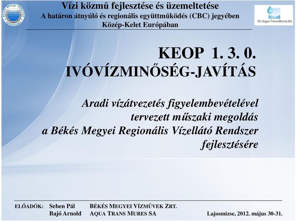 IVÓVÍZMINŐSÉG-JAVÍTÁS Aradi vízátvezetés figyelembevételével tervezett
