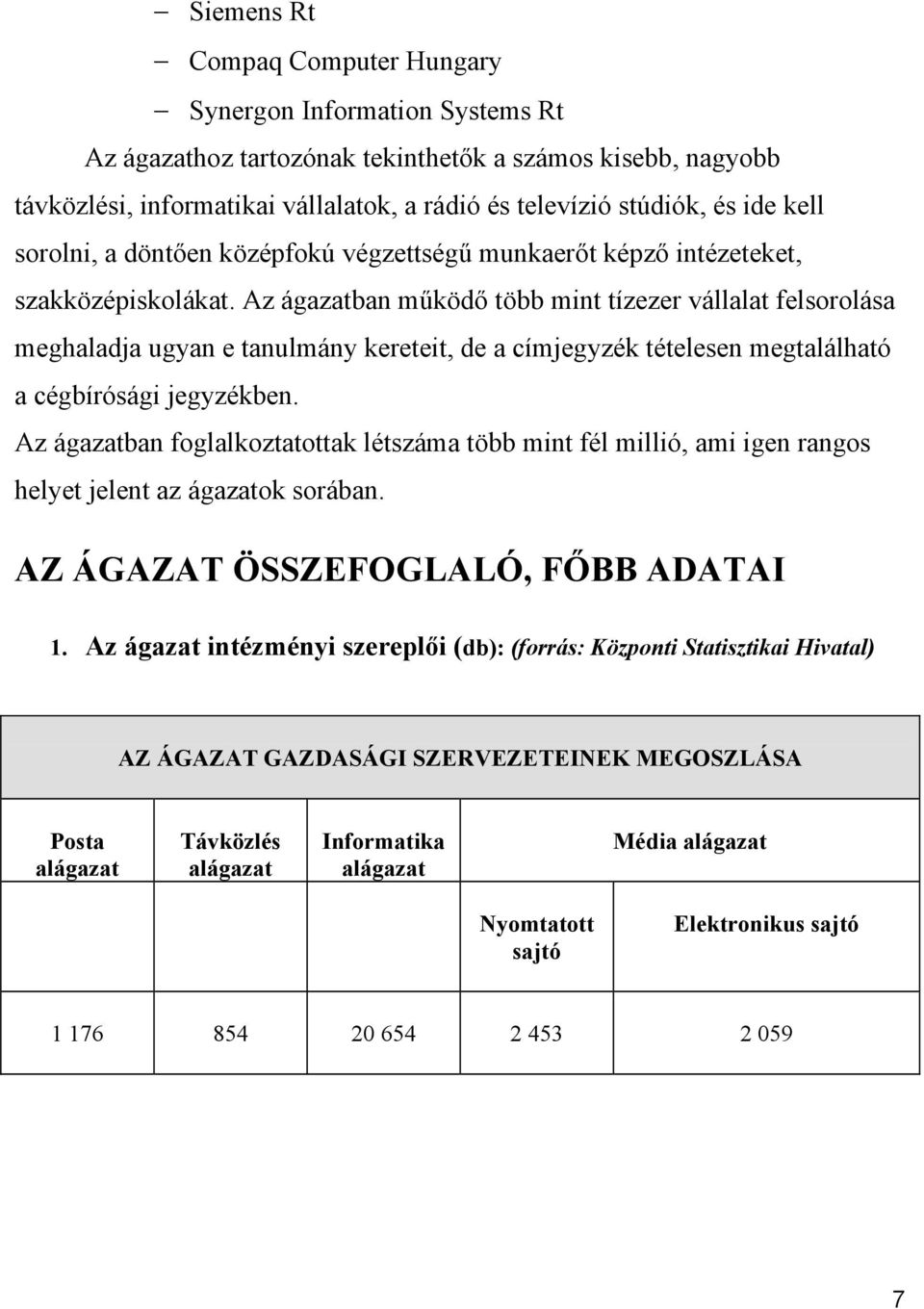 Az ágazatban működő több mint tízezer vállalat felsorolása meghaladja ugyan e tanulmány kereteit, de a címjegyzék tételesen megtalálható a cégbírósági jegyzékben.