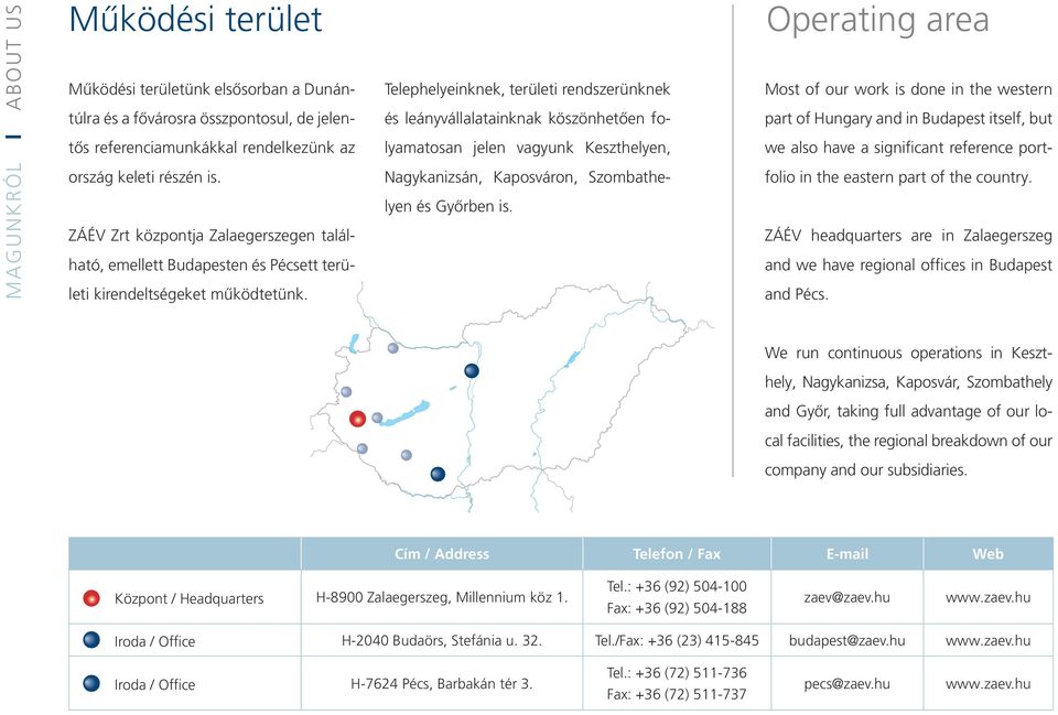 Telephelyeinknek, területi rendszerünknek és leányvállalatainknak köszönhetően folyamatosan jelen vagyunk Keszthelyen, Nagykanizsán, Kaposváron, Szombathelyen és Győrben is.