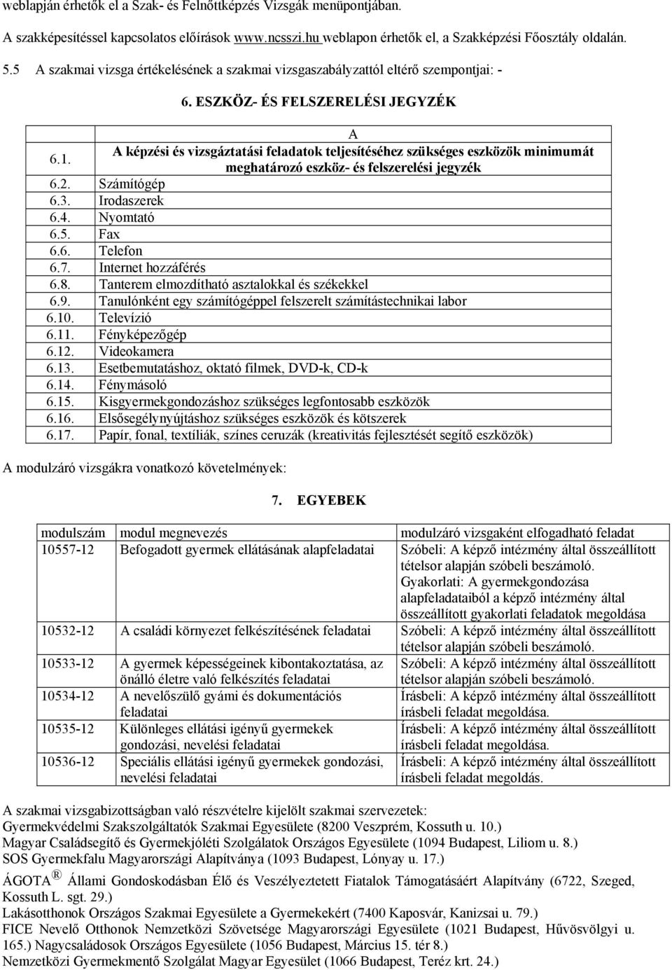 A képzési és vizsgáztatási feladatok teljesítéséhez szükséges eszközök minimumát meghatározó eszköz- és felszerelési jegyzék 6.2. Számítógép 6.3. Irodaszerek 6.4. Nyomtató 6.5. Fax 6.6. Telefon 6.7.