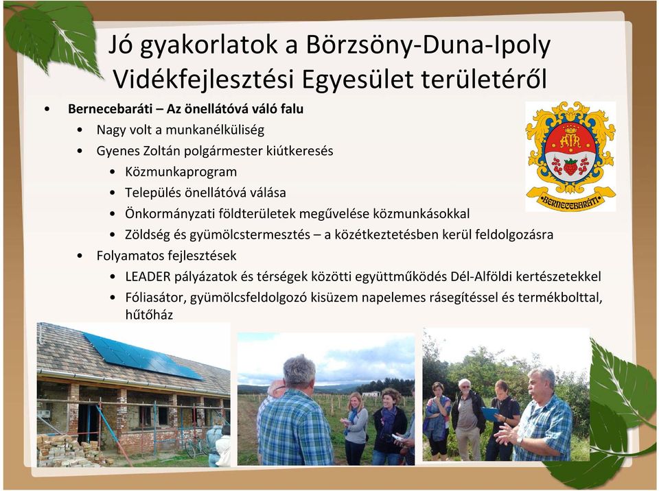 megűvelése közmunkásokkal Zöldség és gyümölcstermesztés a közétkeztetésben kerül feldolgozásra Folyamatos fejlesztések LEADER