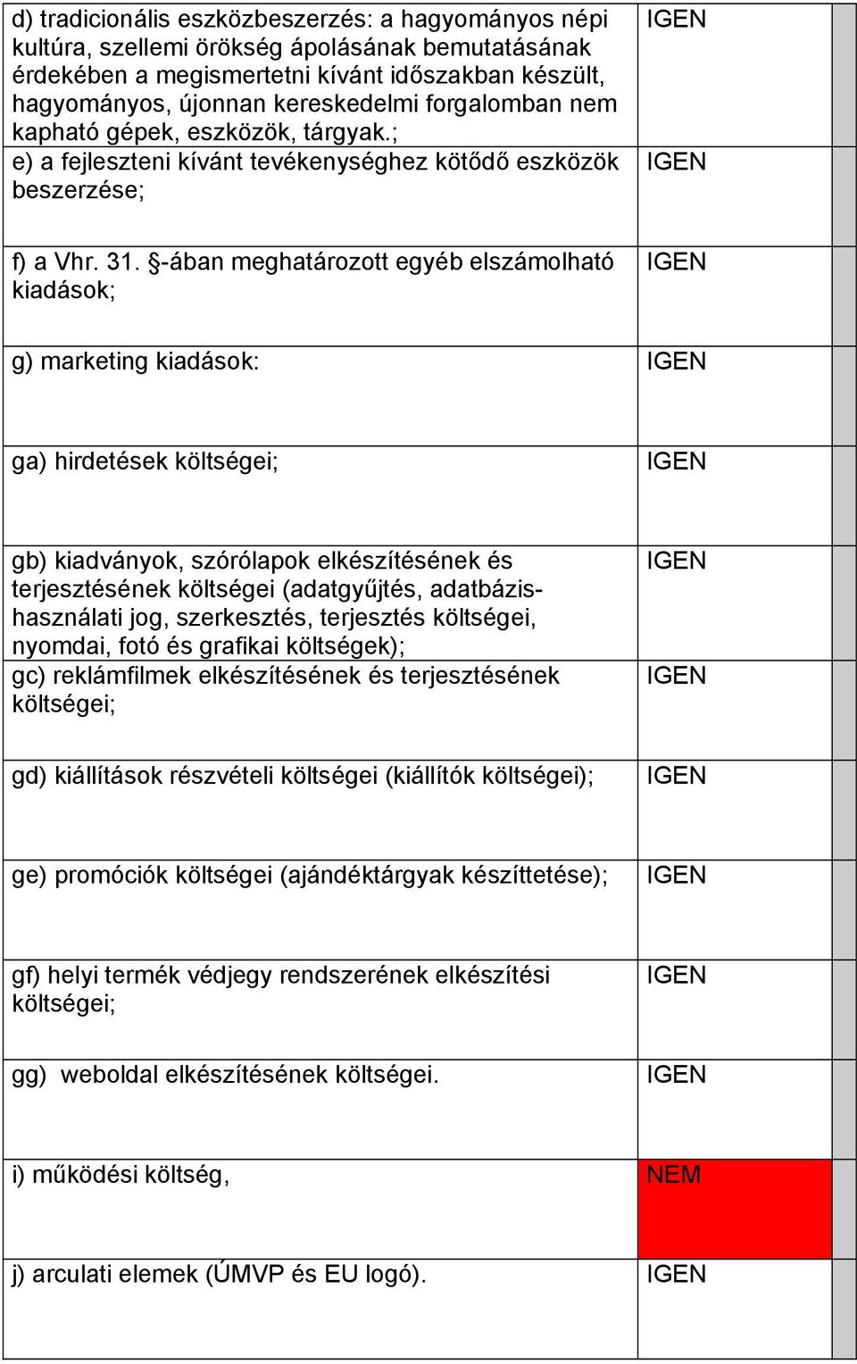 -ában meghatározott egyéb elszámolható kiadások; g) marketing kiadások: ga) hirdetések költségei; gb) kiadványok, szórólapok elkészítésének és terjesztésének költségei (adatgyűjtés,