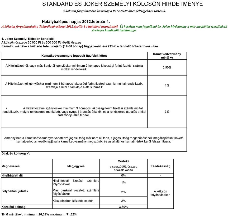 i hatállyal megszünteti. Új kérelem nem fogadható be. Jelen hirdetmény a már megkötött szerződések érvényes kondícióit tartalmazza. 1.