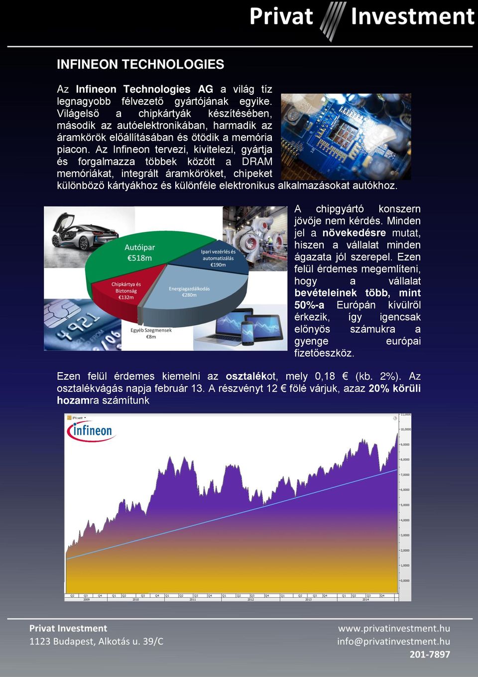 Az Infineon tervezi, kivitelezi, gyártja és forgalmazza többek között a DRAM memóriákat, integrált áramköröket, chipeket különböző kártyákhoz és különféle elektronikus alkalmazásokat autókhoz.