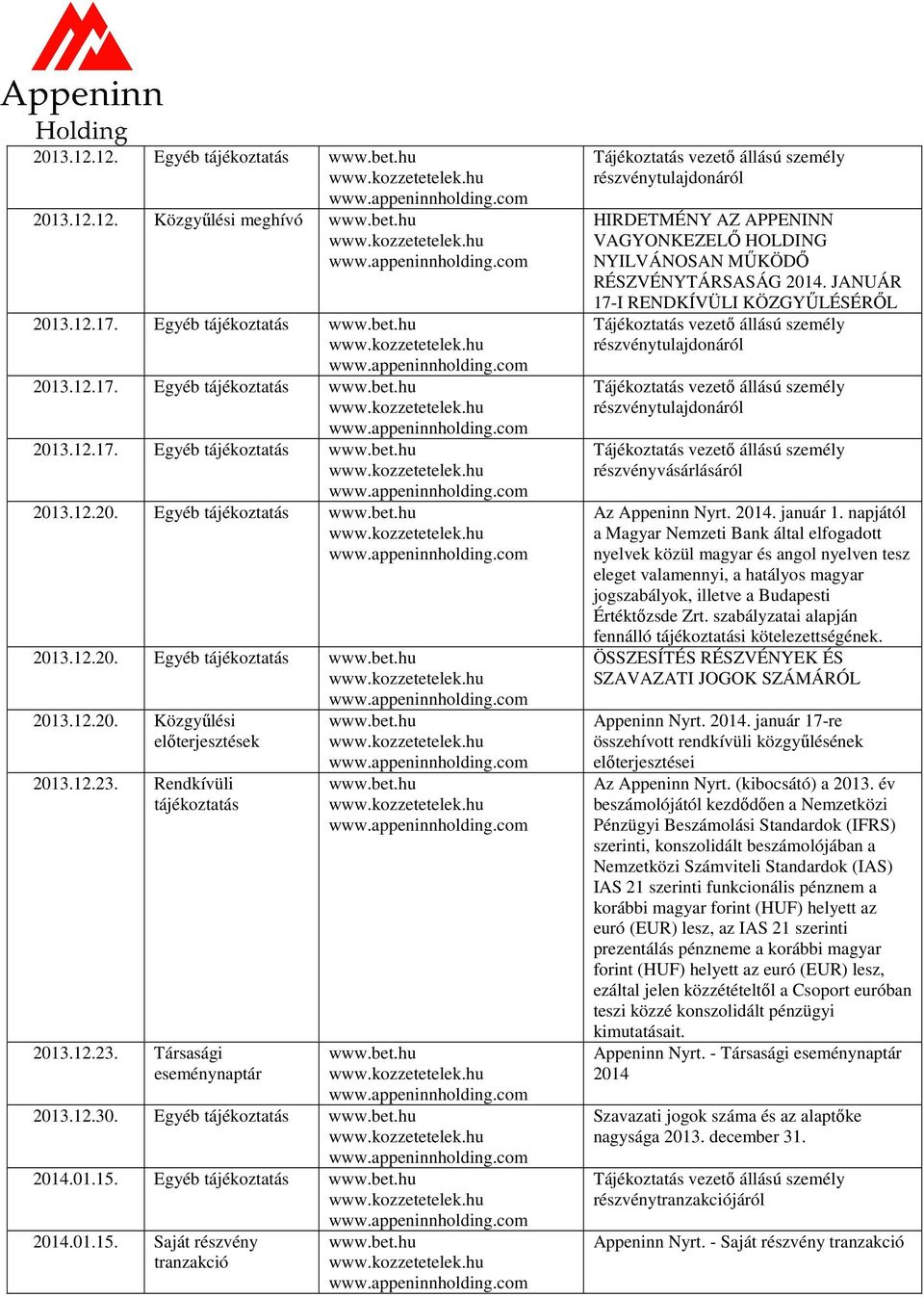 JANUÁR 17-I RENDKÍVÜLI KÖZGYŰLÉSÉRŐL részvényvásárlásáról Az Appeninn Nyrt. 2014. január 1.