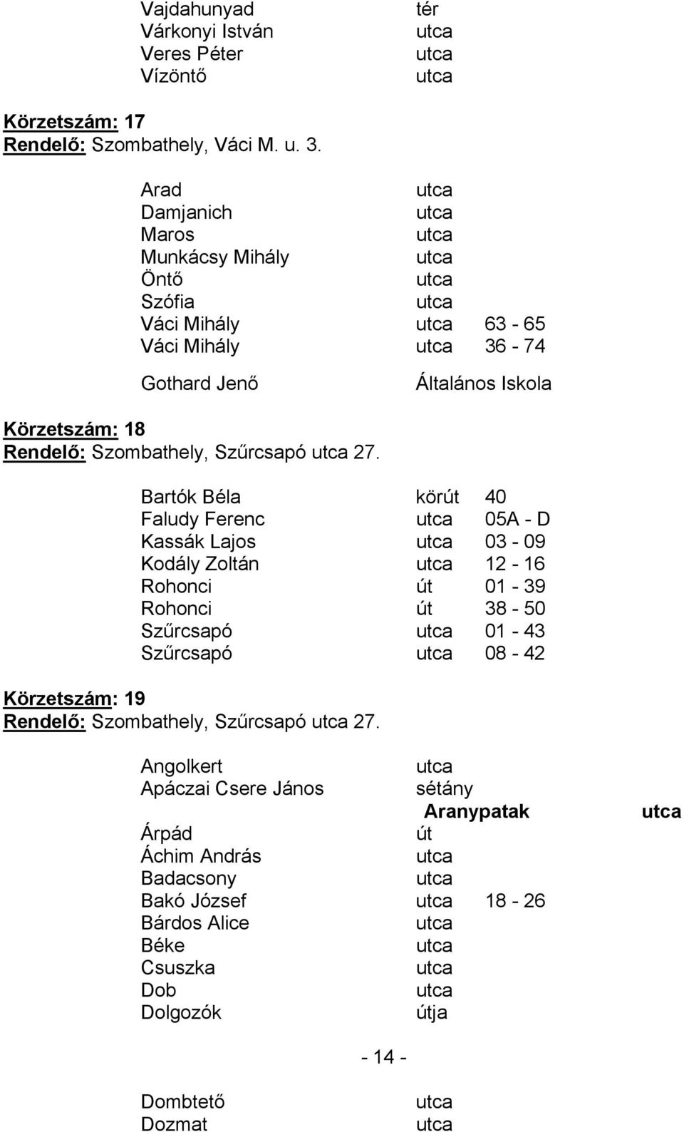 Bartók Béla kör 40 Faludy Ferenc 05A - D Kassák Lajos 03-09 Kodály Zoltán 12-16 Rohonci 01-39 Rohonci 38-50 Szűrcsapó 01-43 Szűrcsapó 08-42