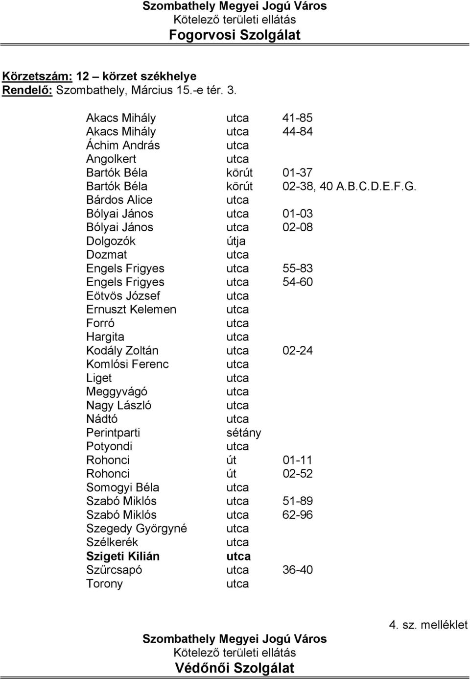 Bárdos Alice Bólyai János 01-03 Bólyai János 02-08 Dolgozók ja Dozmat Engels Frigyes 55-83 Engels Frigyes 54-60 Eötvös József Ernuszt Kelemen Forró Hargita Kodály Zoltán 02-24 Komlósi