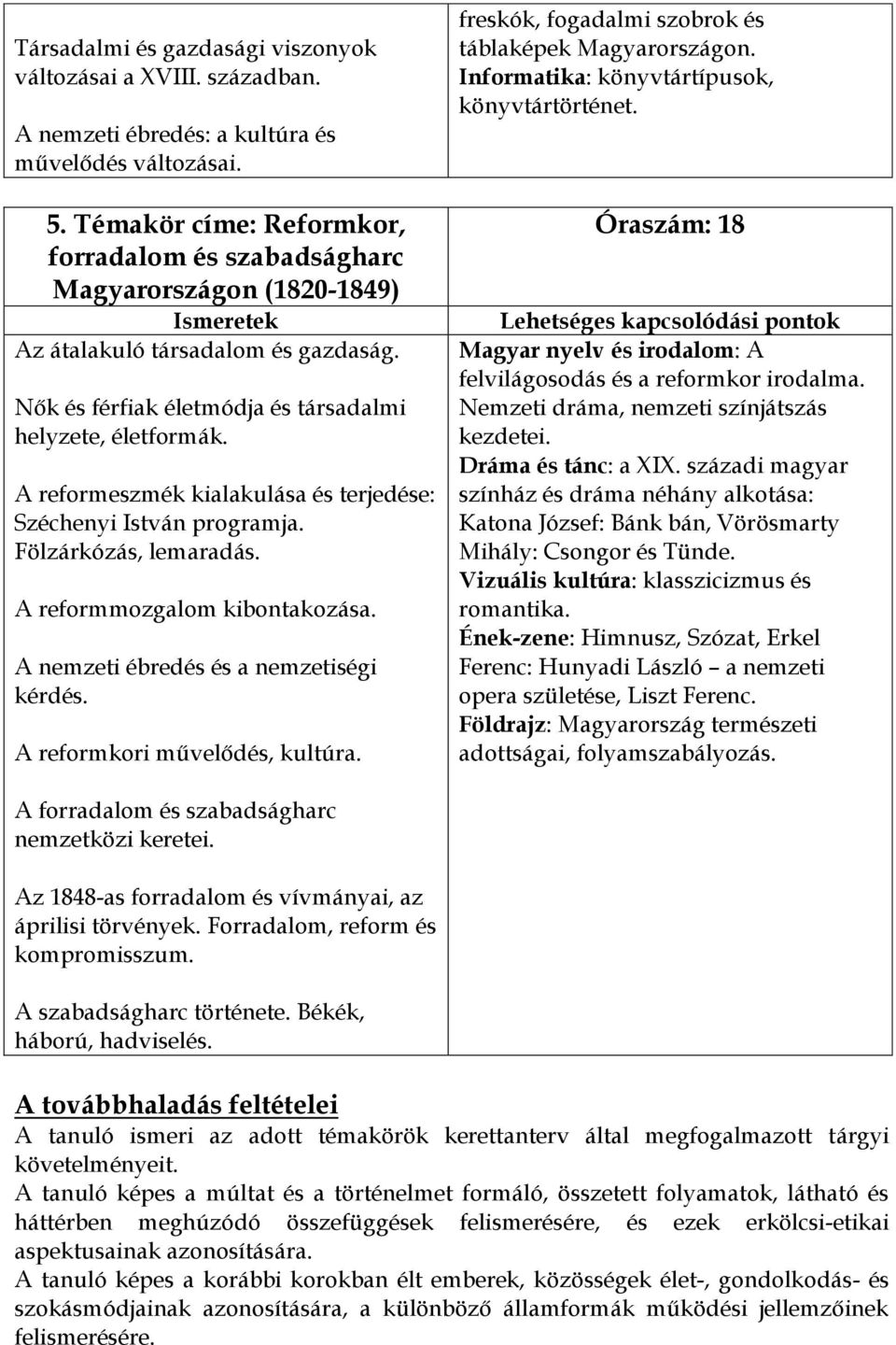 A reformeszmék kialakulása és terjedése: Széchenyi István programja. Fölzárkózás, lemaradás. A reformmozgalom kibontakozása. A nemzeti ébredés és a nemzetiségi kérdés. A reformkori művelődés, kultúra.