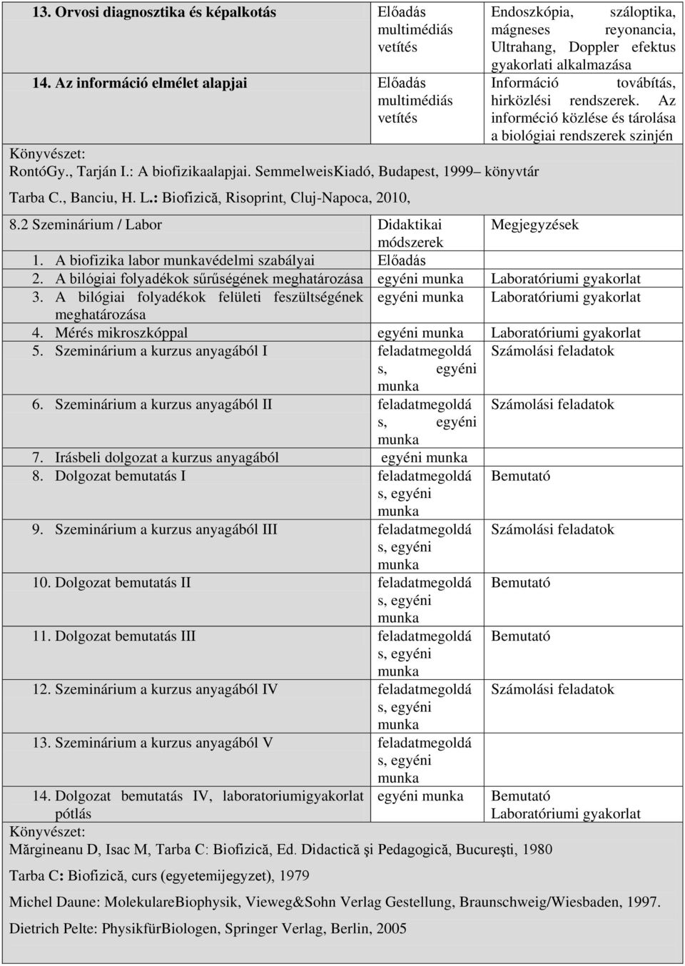 Az informéció közlése és tárolása a biológiai rendszerek szinjén 8.2 Szeminárium / Labor Didaktikai Megjegyzések módszerek 1. A biofizika labor védelmi szabályai Előadás 2.