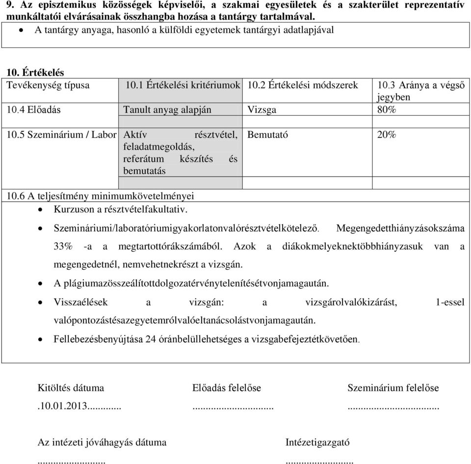 4 Előadás Tanult anyag alapján Vizsga 80% 10.5 Szeminárium / Labor Aktív résztvétel, feladatmegoldás, referátum készítés és bemutatás Bemutató 20% 10.