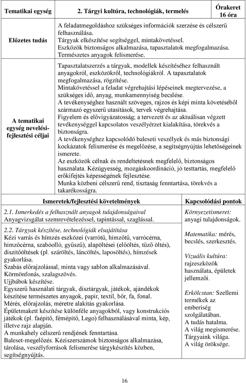 Tapasztalatszerzés a tárgyak, modellek készítéséhez felhasznált anyagokról, eszközökről, technológiákról. A tapasztalatok megfogalmazása, rögzítése.