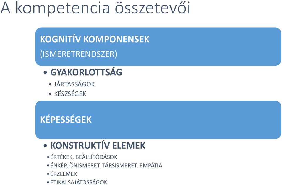 KÉPESSÉGEK KONSTRUKTÍV ELEMEK ÉRTÉKEK, BEÁLLÍTÓDÁSOK