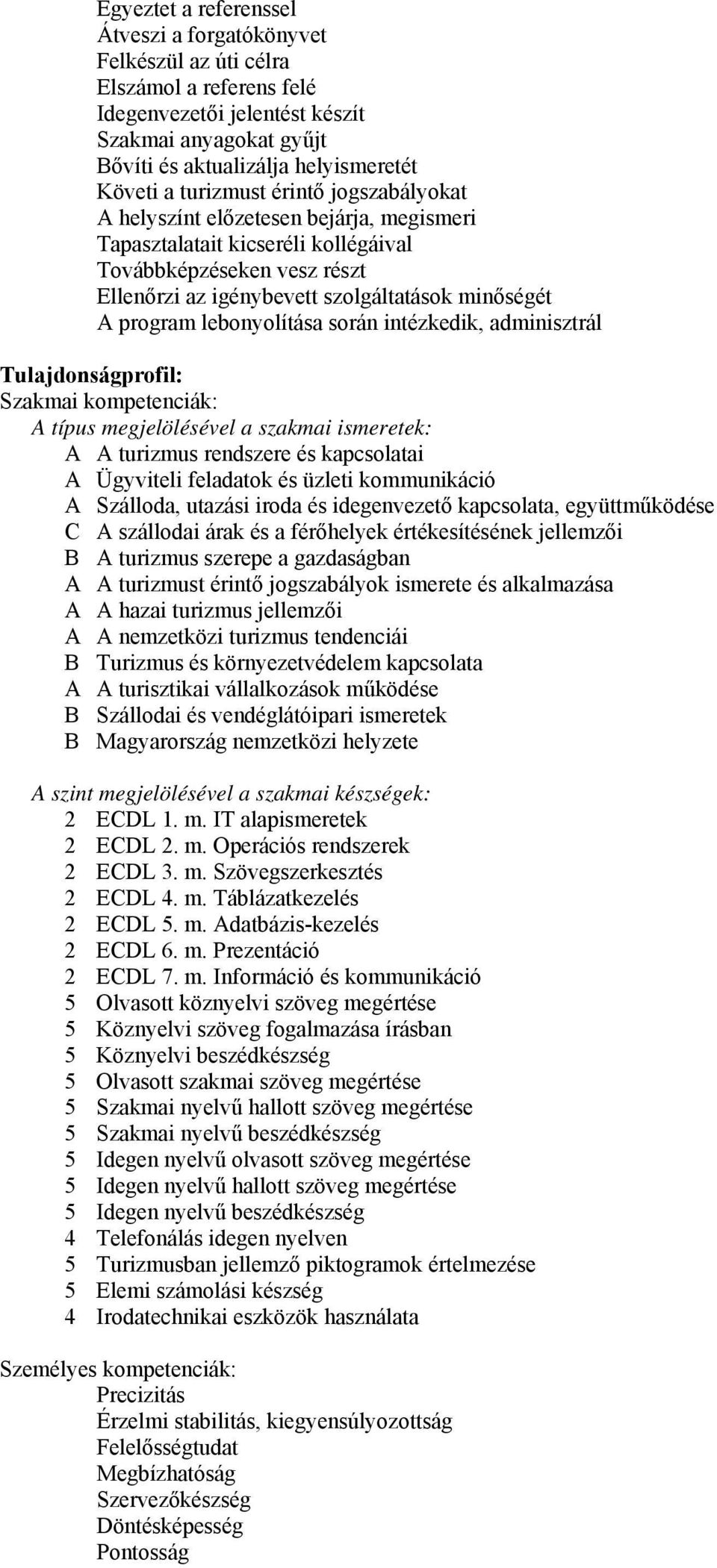 lebonyolítása során intézkedik, adminisztrál Tulajdonságprofil: Szakmai kompetenciák: A típus megjelölésével a szakmai ismeretek: A A turizmus rendszere és kapcsolatai A Ügyviteli feladatok és üzleti