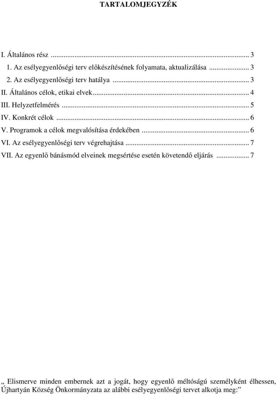 Programok a célok megvalósítása érdekében... 6 VI. Az esélyegyenlőségi terv végrehajtása... 7 VII.