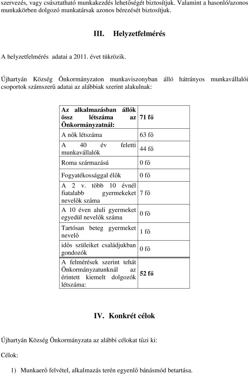 Újhartyán Község Önkormányzaton munkaviszonyban álló hátrányos munkavállalói csoportok számszerű adatai az alábbiak szerint alakulnak: Az alkalmazásban állók össz létszáma az Önkormányzatnál: A nők