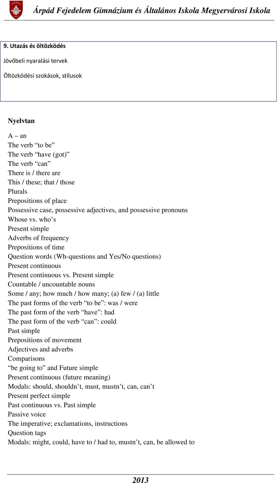 who s Present simple Adverbs of frequency Prepositions of time Question words (Wh-questions and Yes/No questions) Present continuous Present continuous vs.