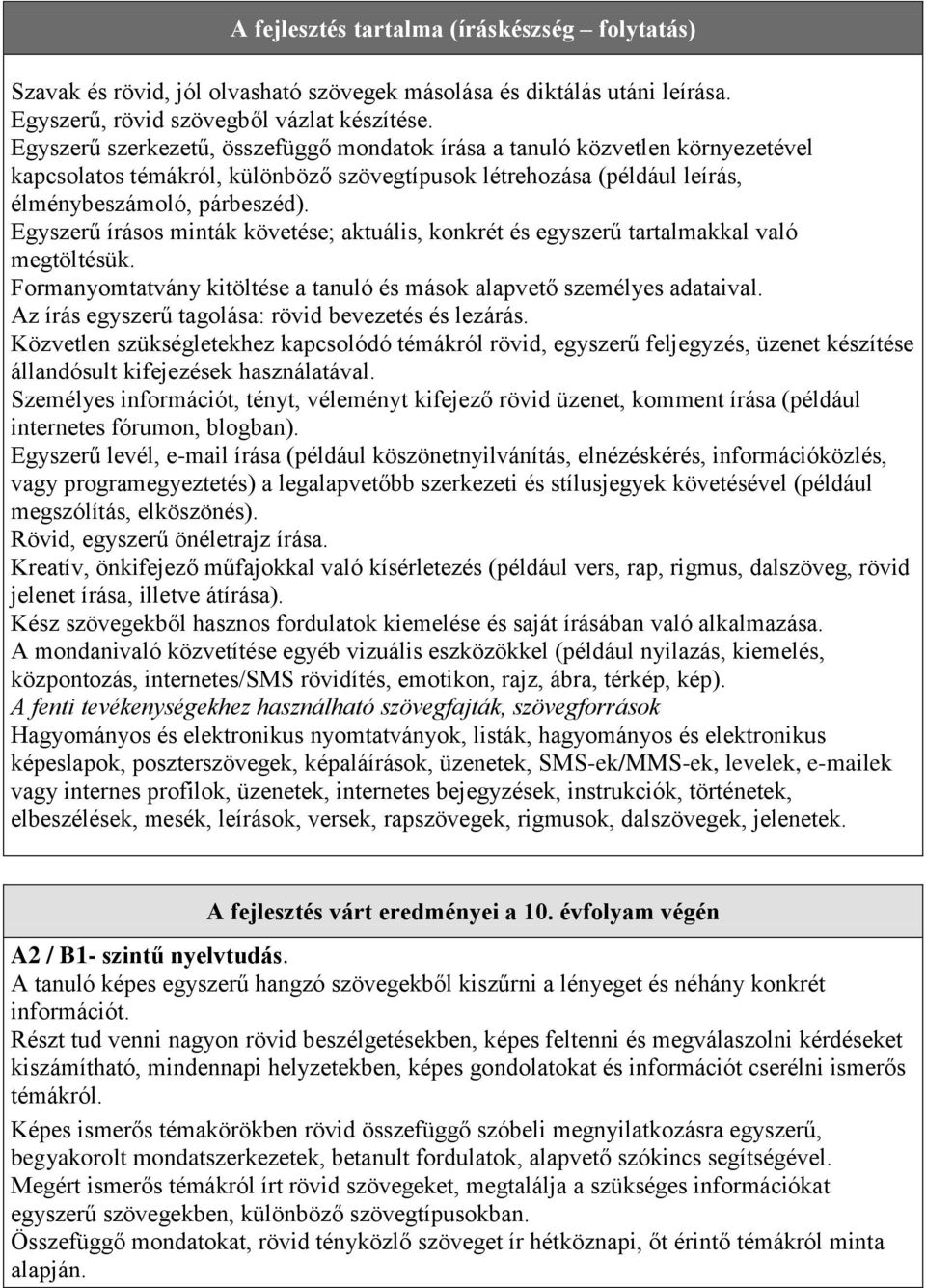 Egyszerű írásos minták követése; aktuális, konkrét és egyszerű tartalmakkal való megtöltésük. Formanyomtatvány kitöltése a tanuló és mások alapvető személyes adataival.