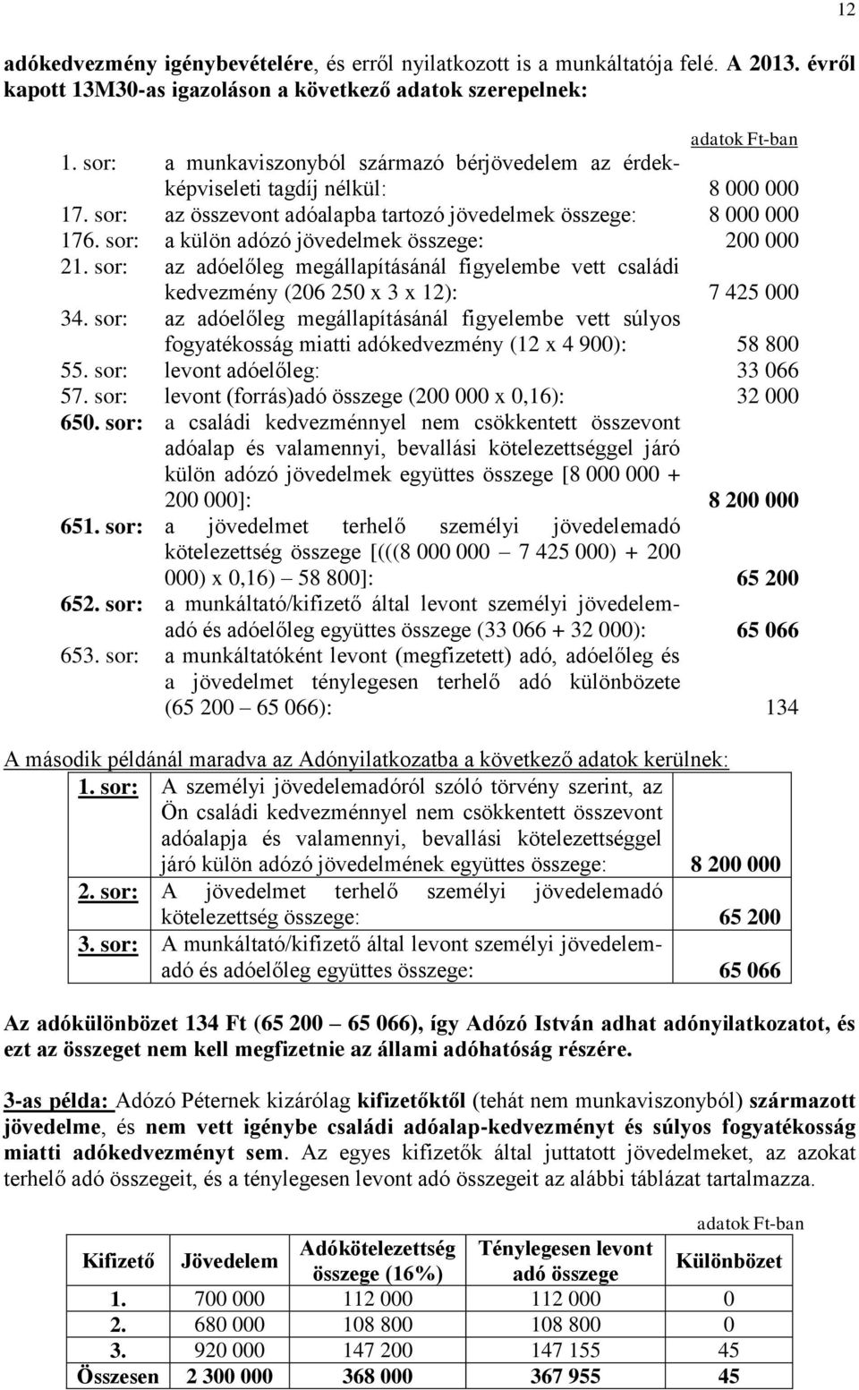 sor: a külön adózó jövedelmek összege: 200 000 21. sor: az adóelőleg megállapításánál figyelembe vett családi kedvezmény (206 250 x 3 x 12): 7 425 000 34.