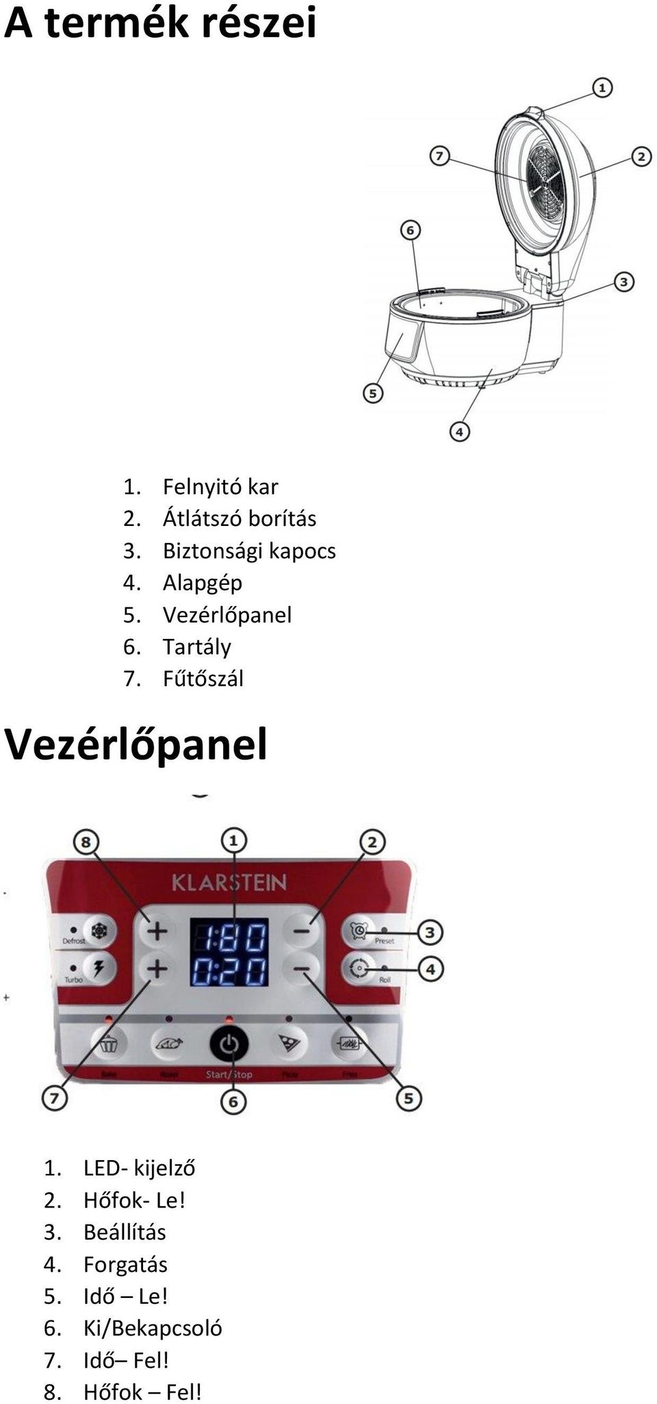 Fűtőszál Vezérlőpanel 1. LED- kijelző 2. Hőfok- Le! 3.