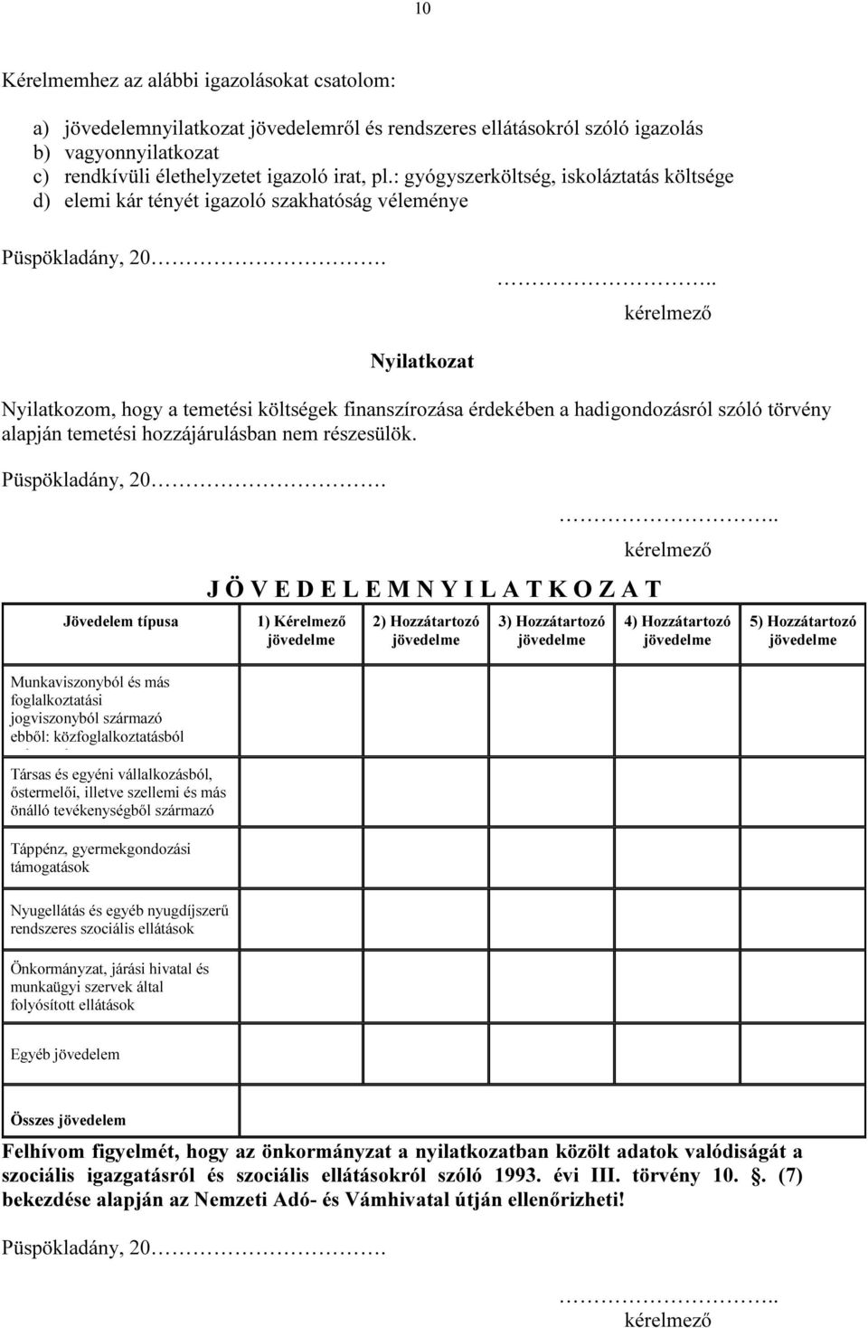 .. kérelmező Nyilatkozat Nyilatkozom, hogy a temetési költségek finanszírozása érdekében a hadigondozásról szóló törvény alapján temetési hozzájárulásban nem részesülök. Püspökladány, 20.