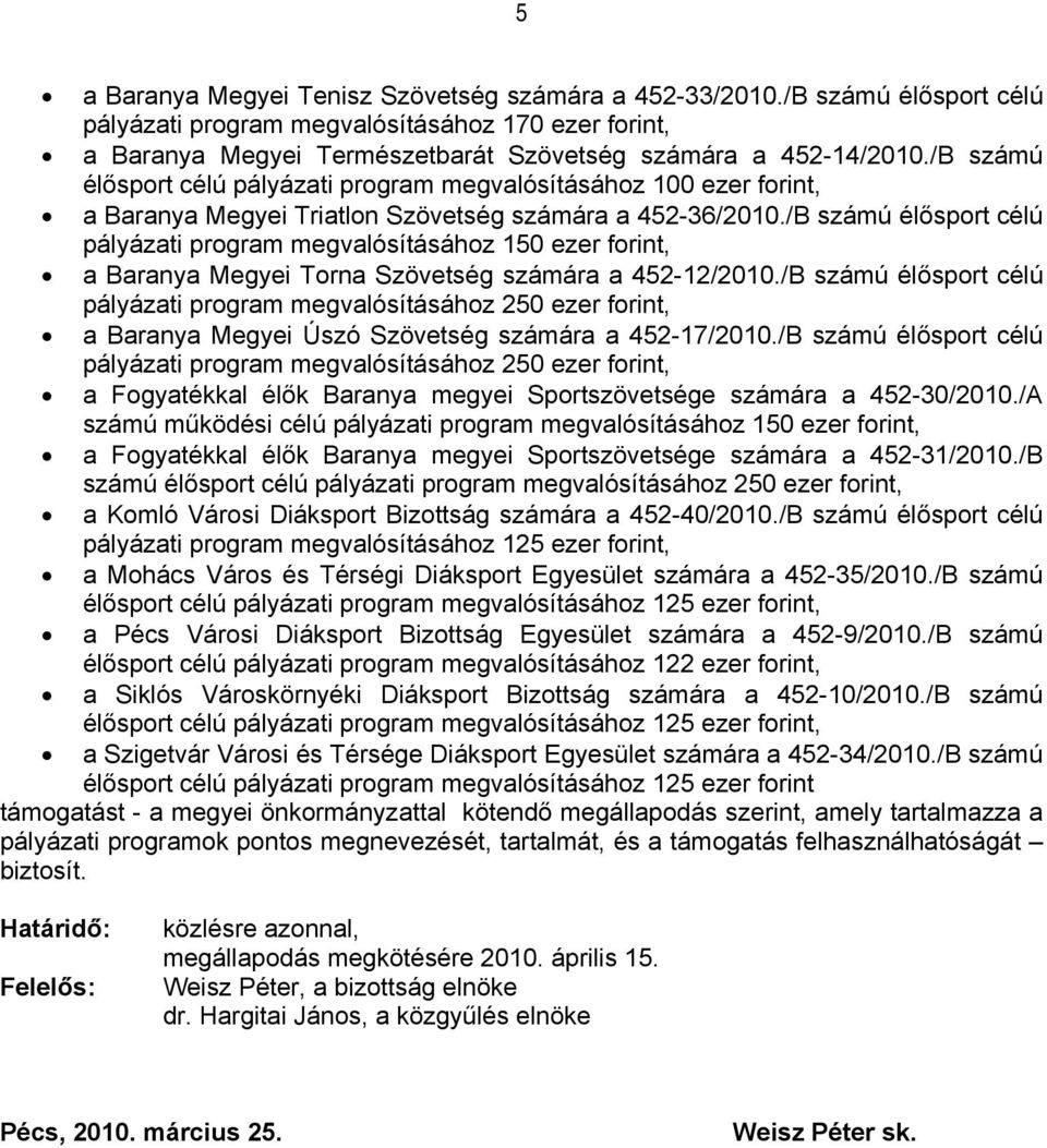 / számú élősport célú pályázati program megvalósításához 150 ezer forint, a aranya Megyei Torna Szövetség számára a 452-12/2010.