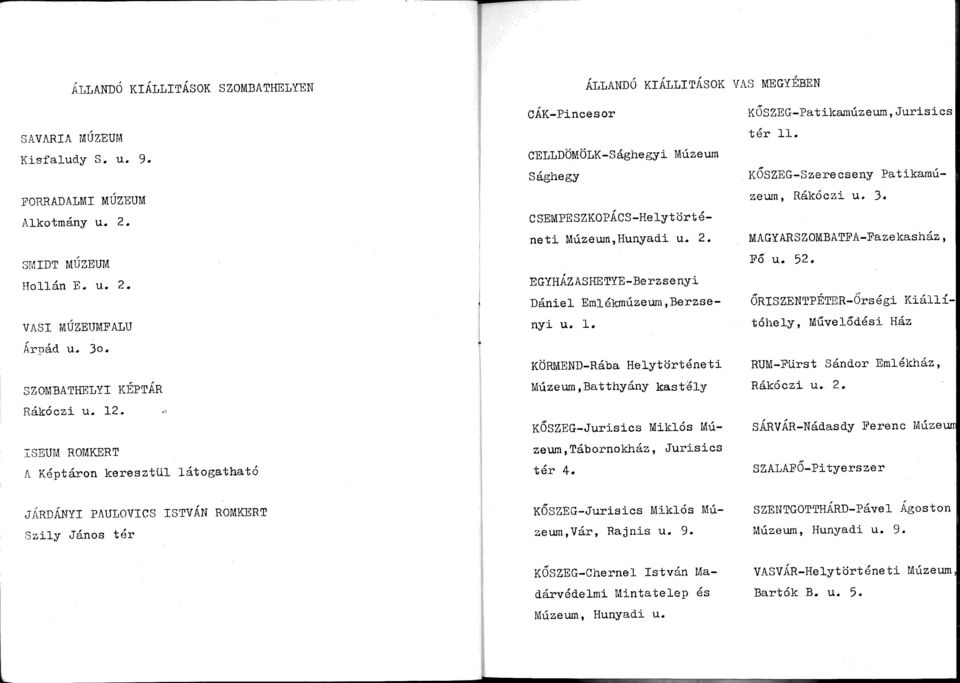 EGYHÁZASHETYE-Berzsenyi Dániel Emlékmúzeum,Berzsenyi u. l. KÖRMEND-Rába Helytörténeti Múzeum,Batthyány kastély KŐSZEG-Jurisics Miklós Múzeum,Tábornokház, Jurisics tér 4.