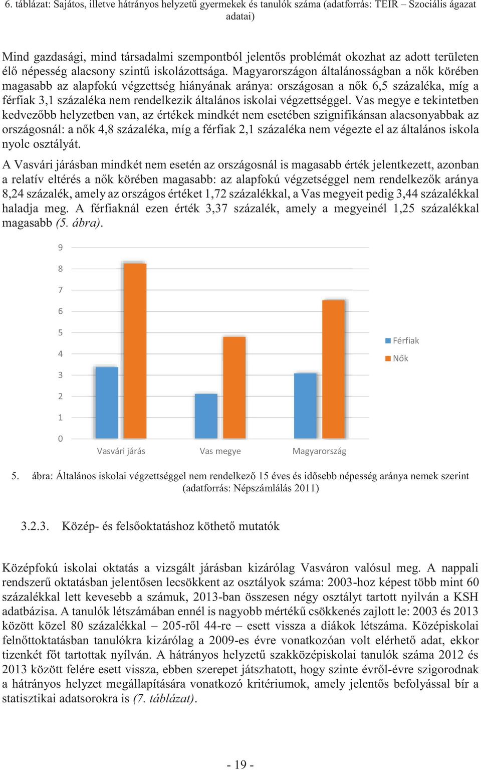 Magyarországon általánosságban a nők körében magasabb az alapfokú végzettség hiányának aránya: országosan a nők 6,5 százaléka, míg a férfiak 3,1 százaléka nem rendelkezik általános iskolai