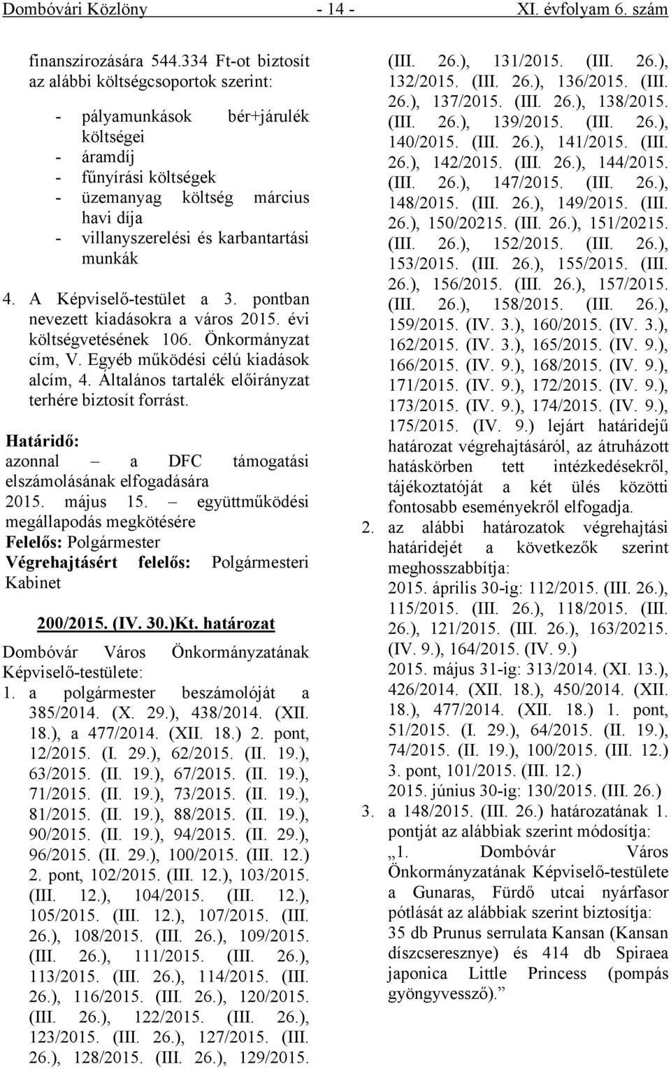 munkák 4. A Képviselő-testület a 3. pontban nevezett kiadásokra a város 2015. évi költségvetésének 106. Önkormányzat cím, V. Egyéb működési célú kiadások alcím, 4.