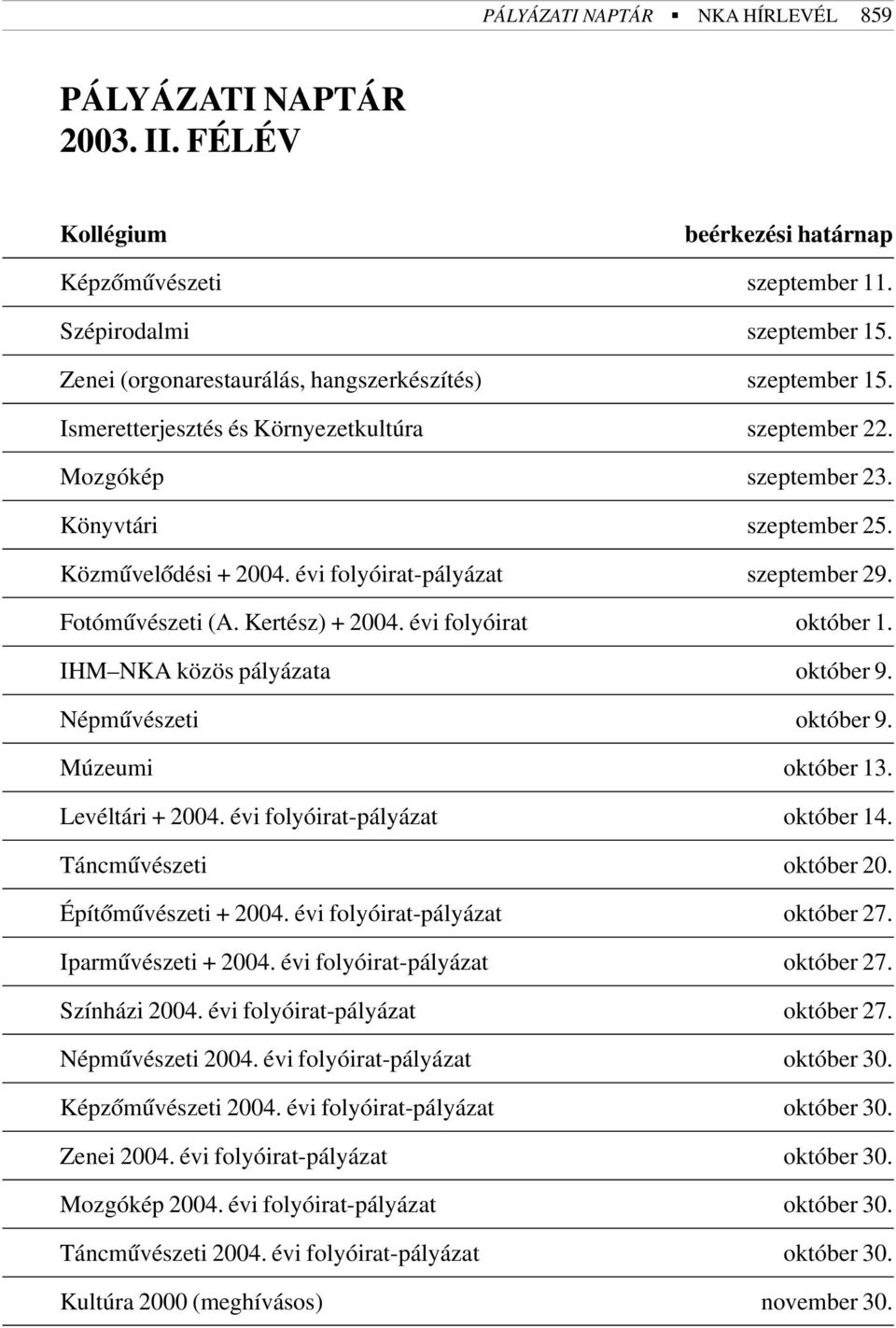 évi folyóirat-pályázat szeptember 29. Fotómûvészeti (A. Kertész) + 2004. évi folyóirat október 1. IHM NKA közös pályázata október 9. Népmûvészeti október 9. Múzeumi október 13. Levéltári + 2004.