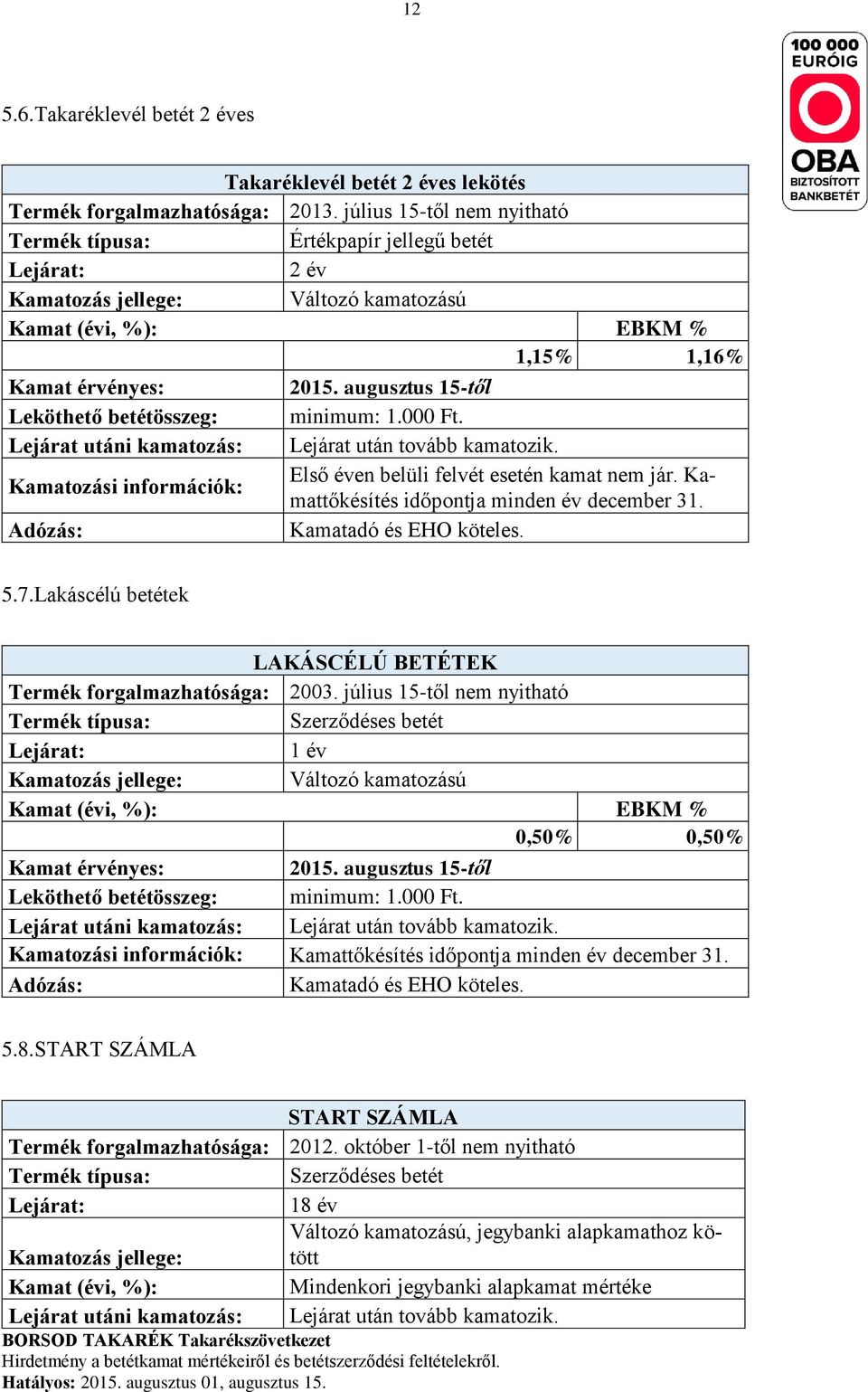 Lakáscélú betétek LAKÁSCÉLÚ BETÉTEK Termék forgalmazhatósága: 2003.