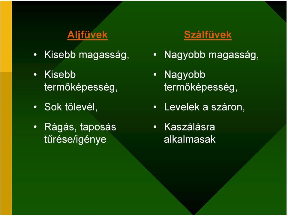 tűrése/igénye Szálfüvek Nagyobb magasság,