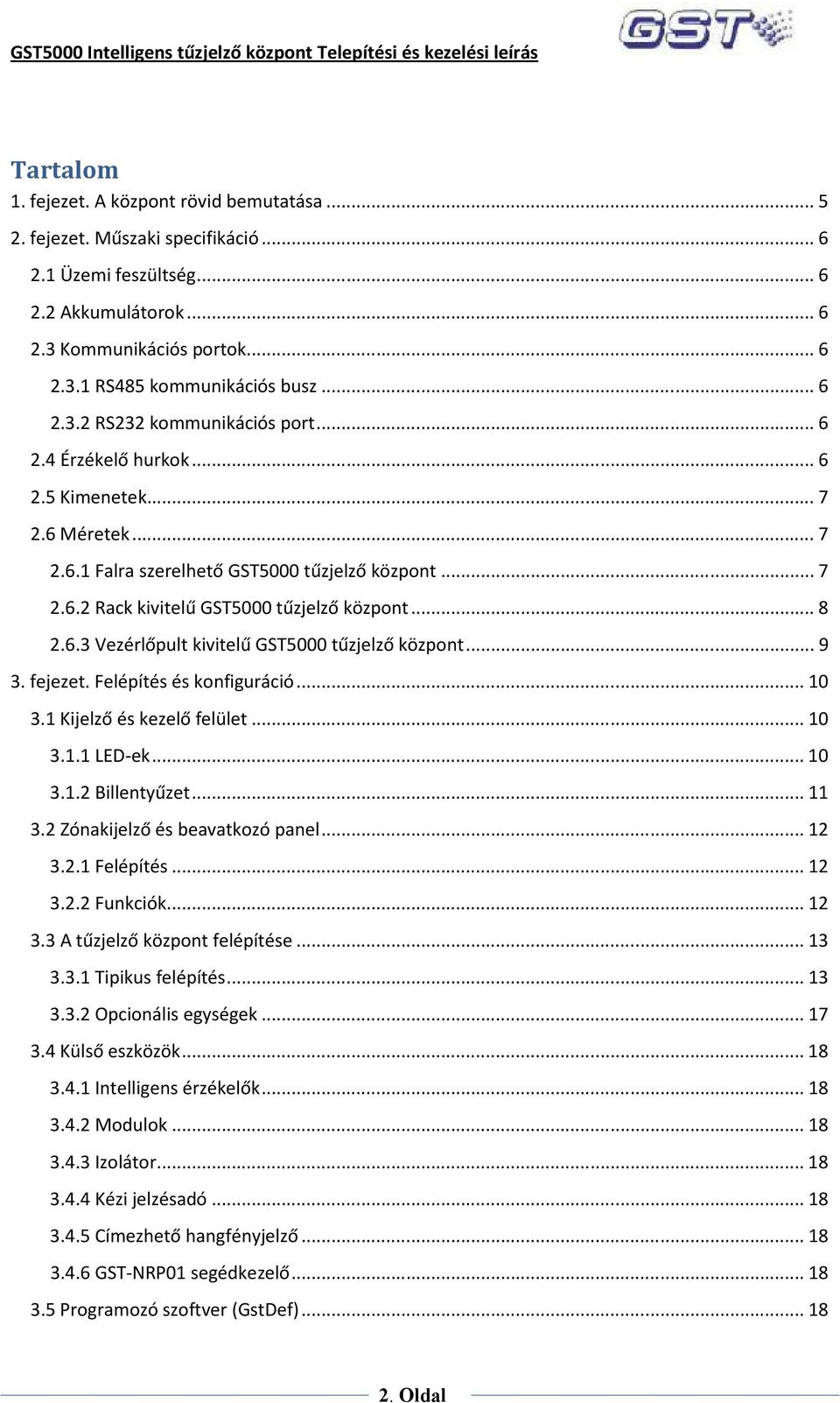 .. 8 2.6.3 Vezérlőpult kivitelű GST5000 tűzjelző központ... 9 3. fejezet. Felépítés és konfiguráció... 10 3.1 Kijelző és kezelő felület... 10 3.1.1 LED-ek... 10 3.1.2 Billentyűzet... 11 3.