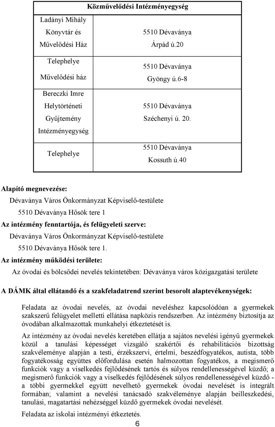 40 Alapító megnevezése: Dévaványa Város Önkormányzat Képviselő-testülete 5510 Dévaványa Hősök tere 1 Az intézmény fenntartója, és felügyeleti szerve: Dévaványa Város Önkormányzat Képviselő-testülete