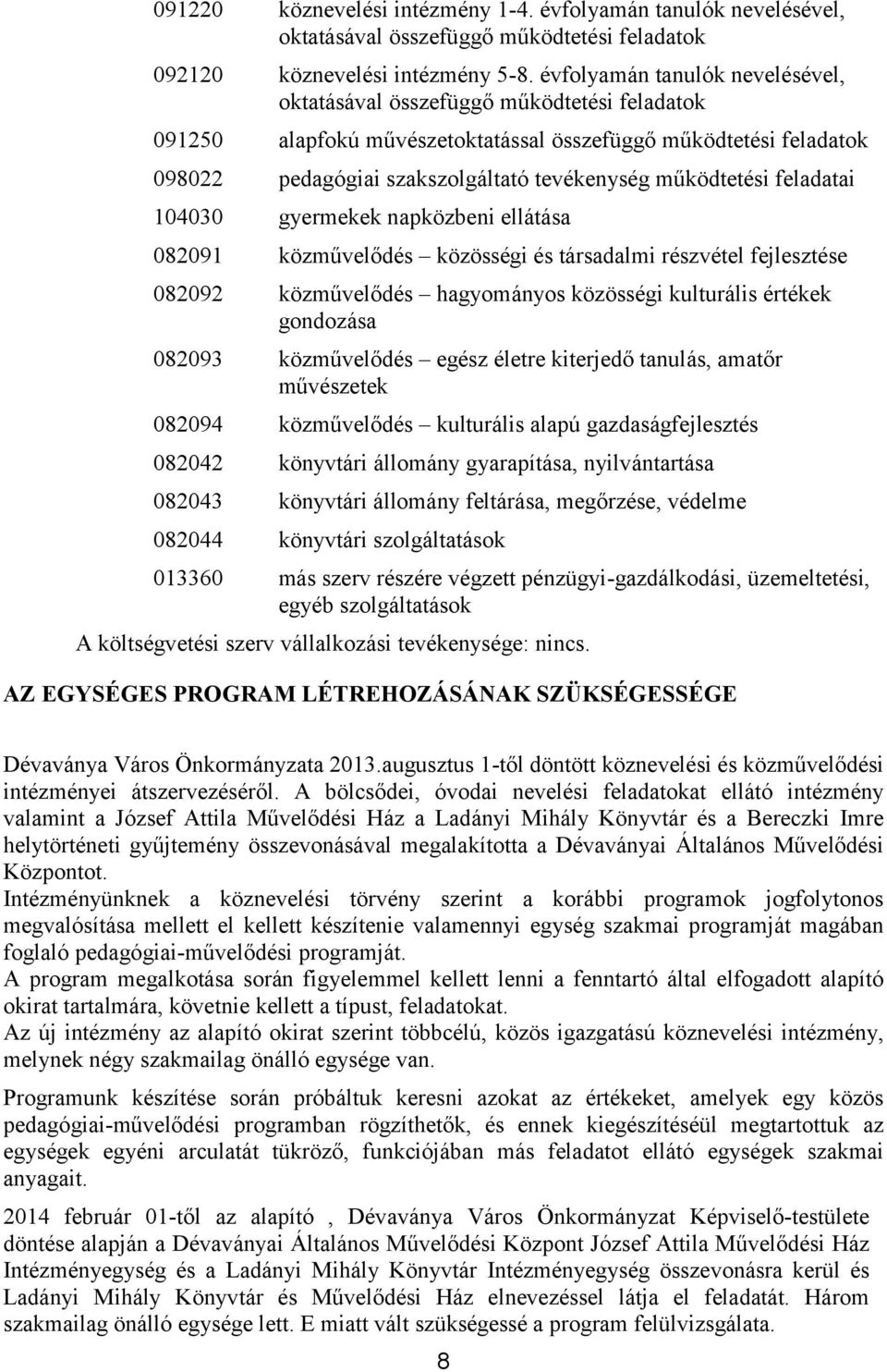 működtetési feladatai 104030 gyermekek napközbeni ellátása 082091 közművelődés közösségi és társadalmi részvétel fejlesztése 082092 közművelődés hagyományos közösségi kulturális értékek gondozása