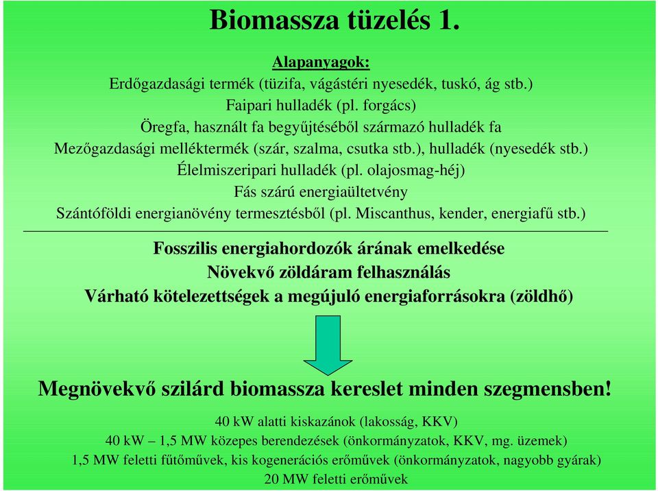 olajosmag-héj) Fás szárú energiaültetvény Szántóföldi energianövény termesztésbıl (pl. Miscanthus, kender, energiafő stb.
