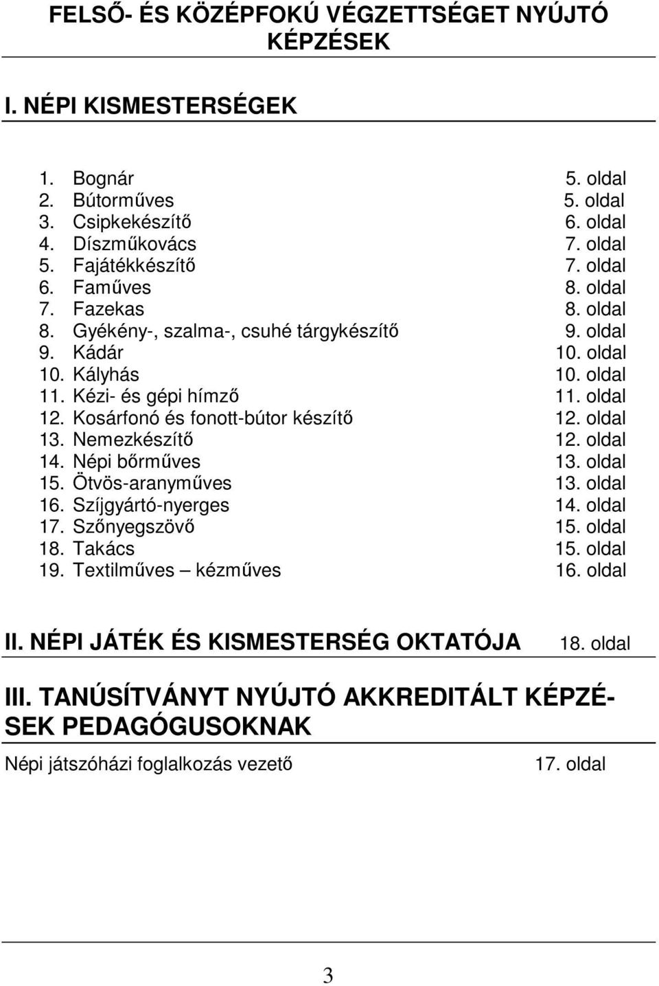 Kosárfonó és fonott-bútor készítő 12. oldal 13. Nemezkészítő 12. oldal 14. Népi bőrműves 13. oldal 15. Ötvös-aranyműves 13. oldal 16. Szíjgyártó-nyerges 14. oldal 17. Szőnyegszövő 15.